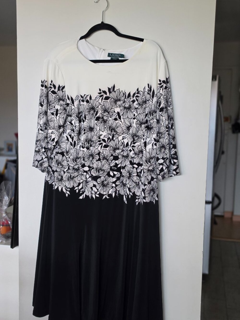Lauren Ralph Lauren Black & White Floral Border Stretch Jersey Midi Dress